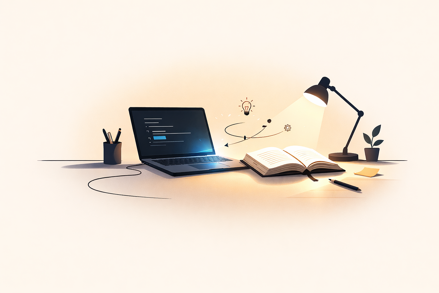 Laptop acceso e libro aperto: coesistenza tra tecnologia e studio